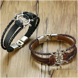 Pulseras con dijes Vnox Vintage Timón Pulsera con dijes para hombres Mti-Layer Pulseras de cuerda de cuero Brazaletes 7.87 Pseira Mascina Drop Dhgarden Otitd