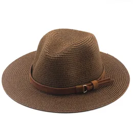 Szerokie brzegi czapki wiadra czapki qbhat jazz słomka kapelusz kobiet imprezowy melonik na świeżym powietrzu Men Beach Sun Sunshade Big Brim Fedora Hats z brązowym paskiem L XL 230420