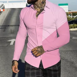 Męskie koszulki męskie Różowa koszula Jesienna swobodna obrońca kolorowy blok streetwearu Drukuj plażę Długie rękawie Koszula dla mężczyzn Tops 230420