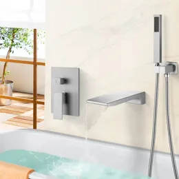 Vattenfall badkar kran set med handhållen duschhuvud, högtryck väggmonterat badkar kran trimpaket med tryckbalanserad ventil, borstad