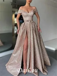 Sukienki imprezowe A-line Evening Sparkle High Split Dress Formal Wedding Floor Długość V Szyjka cekinowa z łukami (