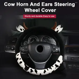 ステアリングホイールカバーぬいぐるみカバー15インチの牛のプリントカーは、女性のための角の耳を伸ばします汗吸収吸収