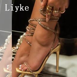 Liyke Fashion Glitter Rhinestones Women Sandals Crystal Crystal Strap High Heels Party Prom Shoes Lady Wedding Stiletto Sandalias 230419