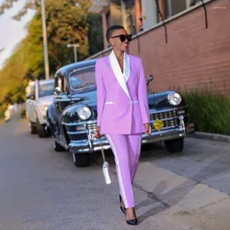 Женские брюки с двумя частями 2023 2 ПК, установлены фиолетовые женщины, костюма белая шейка шейка для офисных дам