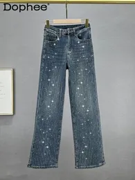 Men's Jeans Full Diamond Wide Leg Female 2023 Spring Autumn High Waist Women Trousers Loose Figure Flattering Mopping Pants 231118