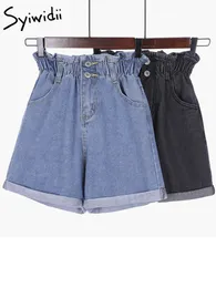 Kvinnors shorts Syiwidii ​​Elastic midjeshorts kvinnor kort feminino denim damer sexig svart hög midje shorts 5xl ruffles knapp sommar ny 230420