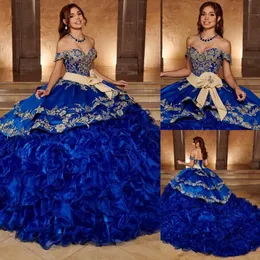 2024 Blue Ball Gown Beaded Quinceanera 드레스 레이스 아플리케 댄스 파티 가운 연인 네크 라인 Organga Sweet 15 Corset Masquerade Dress