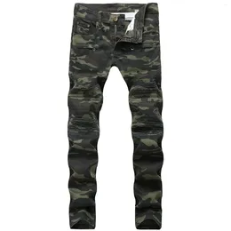 Men's Jeans Army Green Camouflage Men Fashion Stretch Slim Fit Pleated Straight Leg Male Causal Skinny Denim Trousers Streetwear