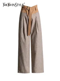 Calças femininas s twotwinstyle colorblock retalhos cinto casual solto para mulheres cintura alta minimalista perna larga calça feminina moda roupas 231118