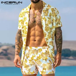 Mens Tracksuits Men Hawaiian Sets Printing Summer Short Sleeve Button Shirt Beach Shorts Streetwear Casual Suit 2 Pieces S3XL INCERUN 230420