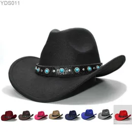 Wide Brim Hats Bucket Hats Retro Women Men Wool Felt Wide Brim Cowboy Western Cowgirl Bowler Hat Fedora Cap Turquoise Bead Vintage Leather Band 57cm/Adjust YQ231120