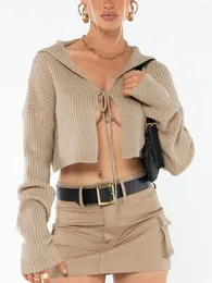 Женский вязаный кардиган с длинными рукавами и завязками, однотонный осенний женский укороченный топ, уличная одежда, свитер-парусник