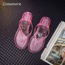 Slippers Comemore Women's Summer Slippers Transparent Beach Sandals Jelly Crystal Flip Flops Flat Slippers Outside Pink Cute Shoes 230420