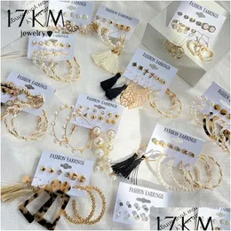 Clip-On & Screw Back 17Km Vintage Gold Geometric Round Crew Back Earring For Women Fashion Twist Pearl Set Of Hollow Square Dhgarden Ot152