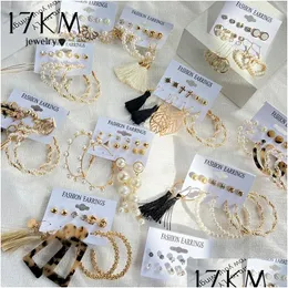 Klipsli vidalı 17km Vintage Gold Geometrik Yuvarlak Mürettebat Geri Küpe Kadınlar Moda Twist Pearl Seti İçi Boş Square Dhgarden OT152