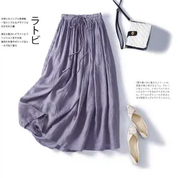 Kjolar koreanska mode kvinnor kjol med fickor fairycore jupe mori tjej falda lila linne maxi long strand kjolar kvinnor 2023 sommar p230420