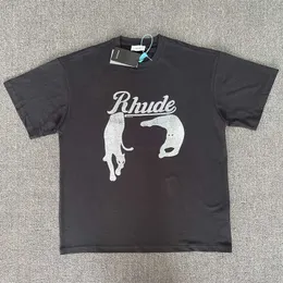 Roupas de moda de grife camisetas de hip hop Rhude American Night Cat Print High Street Loose Fitting T-shirt Summer Men's Women's Label Loose Streetwear