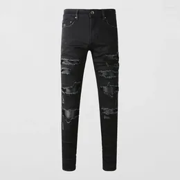 Мужские джинсы, уличная мода, мужские черные эластичные узкие брюки, рваные брюки в стиле панк, кожаные заплатки, дизайнерские брендовые брюки в стиле хип-хоп