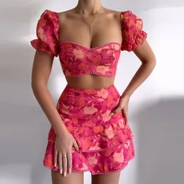 Two Piece Dress 2023 Summer Woman Skirt Suit Women Floral Print Ruffles Top Layered Set Casual 2 Pieces 230419