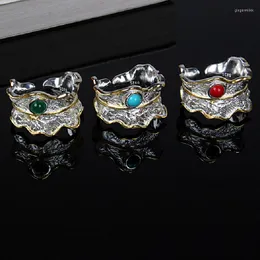 Klusterringar S925 sterling silver blad öppen ring med ädelstenar etnisk stil överdriven