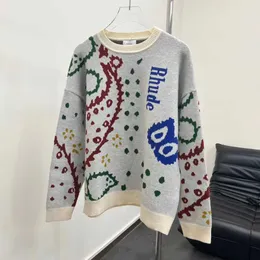 Tasarımcı Giyim Hoodies Moda Sweatshirts Rhude Kaju Çiçek Jakard Yuvarlak Boyun Külot Kazak Gevşek Moda Günlük Örgü Bahar Sokak Giyim Ceket