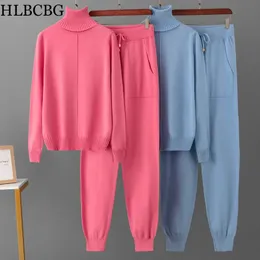 Womens Two Piece Pants 2piece womens knitted track suit turtle neck sweater carrot jogging pants drawstring set CHIC jacket 231118