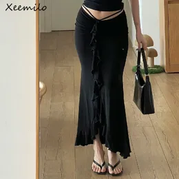 Юбки Xeemilo Женщины Сплошные оборки скинни юбка сексуальная развязка Highwaist Street Street Elegant Office Casual Short 230420