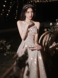 럭셔리 반짝이는 칵테일 드레스 보우 스팽글 우아한 스트랩리스 주머니 긴 여자 파티 공식 행사 유명인 가운