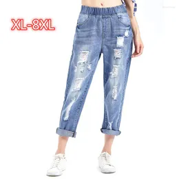 Kvinnors jeans 8xl sommar rippade pojkvän kvinnor mode hög midja stretch denim harem byxor damer pantalones mujer vaqueros y405