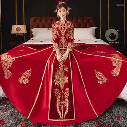 Ethnic Clothing FZSLCYIYI Sequins Beaded Embroidery Burgundy Velour Chinese Bride Bridegroom Wedding Dress Cheongsam Elegant Marriage Qipao