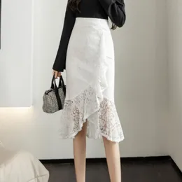 Skirts Autumn Business MidLength Hip Women Summer irregular High Waist Slim Fit Lace Fishtail 2XL 230420