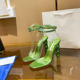 Fashion Designer Sandals Swarovski Crystal Women's Shoes Pink Transparent Square Head 10CM High Heels 34-43 with Box