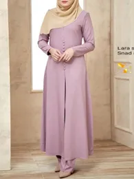 Roupas étnicas muçulmanas de 2 peças vestido abaya mulheres arabão dubai dividir o pescoço de manga longa eid ramadã islâmico ropa calça conjuntos