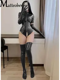 Mokry wygląd pvc catsuit krótkie rękawie zamek błyskawiczny otwarty krocze bodysuit taniec taniec