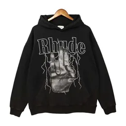 Дизайнерская одежда Толстовки Модные толстовки Rhude American Casual Finger Lightning Printing High Street Loose Washed Old Men's Women's Hoodie Streetwear куртка