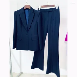 Kadınlar İki Parçalı Pantolon Sonbahar Kadınlar Katı Pantolon Deniz Kuvvetleri Deniz Kolları Tek Düğmesi Blazer Geniş Bacak Flare Seti Moda İnce Fit Office 2 Parçası Yüksek