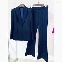 Damen zweiteilige Hosen Herbst Damen Solide Hosenanzug Marineblau Einzelknopf Blazer Weites Bein Flare Set Mode Slim Fit Büro 2 Stück hoch