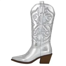 Boots Gold Mid-calf Boots Woman Side Zipper Silver Pointed Western Cowboy Boots Retro Fashion Black Boots Plus Size 36-43 Women Boots 231118