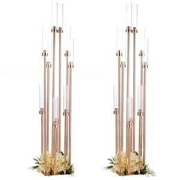 Świece Flowers Vase Road Lead Table Centerpiece Złoty metalowy stojak Pillar Candlestick na ślub Candelabra8139071