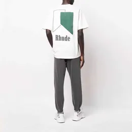 Tasarımcı Moda Giyim Tees Hip hop Tişörtleri Rhude Baskılı Geometrik Desen Kontrast Panel Erkek Kadın Gevşek Tişört Streetwear Spor Giyim Tops