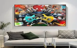 Музыкальный коллаж, настенное искусство, цветной и яркий музыкальный декор для стен, граффити, большой холст с принтом, ретро-автомобиль, гитара, настенное искусство, барабаны, плакат2078138