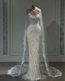 Elegant Mermaid Wedding Dresses Sleeveless Bateau Straps Halter Beaded Sequins Appliques 3D Lace Plus Size Diamonds Bridal Gowns Plus Size Vestido de novia Custom