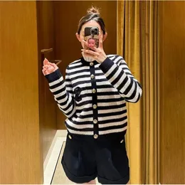 Women's Sweater Striped Sweater Coat Contrast Ruffled Collar 2023 Autumn Lady Letter Embroidery Single Breasted Long Sleeve Pullover 231118