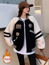 Kurtki damskie jmprs zima gruba sztuczna owczacza płaszcz baseballowy harajuku luźne litera splatanie kurtka koreańska ubrania uliczne ciepłe bf 231120