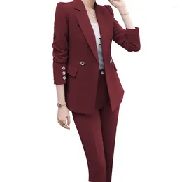 Women's Two Piece Pants Lansboter Burgundy Women Suits 2 Solid Slim Work Business Office Sets Lady Blazer With Costume Femme