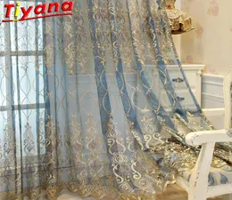 Blue Luxury Embroidery Tulle for Living Room Cheap Curtain Window Drapes for Bedroom Discount Yellow Thin Curtain Voile 40 LJ20123053161