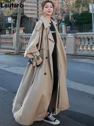 Women's Jackets Lautaro Spring Autumn Long Flowy Oversized Casual Trench Coat for Women Belt Double Breasted Loose Korean Fashion 230419