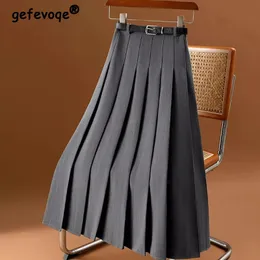 Юбки осень-зима с высокой талией винтажная плиссированная универсальная юбка женская однотонная элегантная модная женская одежда со складками 231118