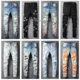 Designer Jeans Cool Style Lyx Mode Broderade Patches Denim Byxa Avstånd Rippad Svart Svart Blå Herr Slim Pencil Jean Slim Fi