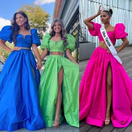 فستان حفلة موسيقية من قطعتين 2K24 Ballon Sileves Bodysuit عالي الشق بذلة شارتروز Taffeta Preteen Lady Pageant Winter